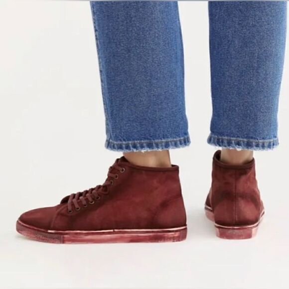 Free People Size 38 Brand New River Run Maroon Distressed High Top Sneakers - Picture 3 of 4